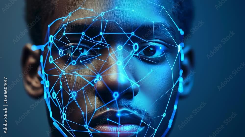 Poster a man's face is shown in blue with a network of lines. the image is of a man's face with a blue back