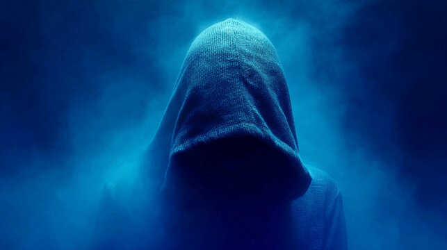 A solitary hooded figure stands cloaked in an ethereal blue haze, representing anonymity and the unseen world.