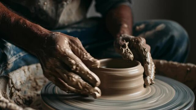 A man is making a pottery piece on a potter's wheel. The potter's hands are covered in clay, and the wheel is spinning rapidly. Concept of focus and dedication as the man works on his craft
