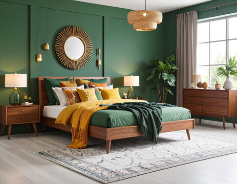 Transform your space colorful retro midcentury modern bedroom home interior design cozy environment aesthetic concept