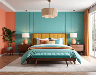 Transforming a retro midcentury modern bedroom home interior design vibrant colors wide angle aesthetic appeal