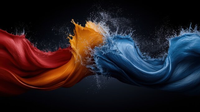 Vivid colors of red, orange, and blue swirl together, forming an energetic display of fluid motion and contrast. The visual harmony captivates, evoking a sense of artistry