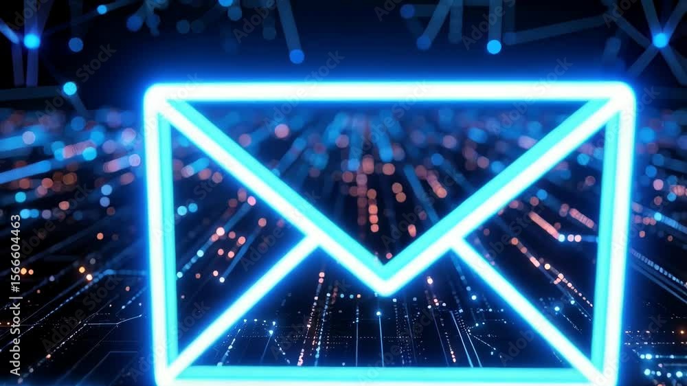 Poster glowing neon email envelope icon against digital network data background, futuristic communication s