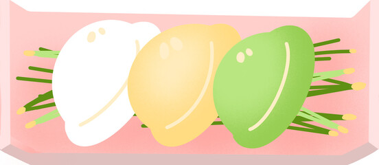 한국 명절 추석 음식 일러스트. 솔잎이 깔린 단아한 그릇에 송편 세 개가 올라가 있다.