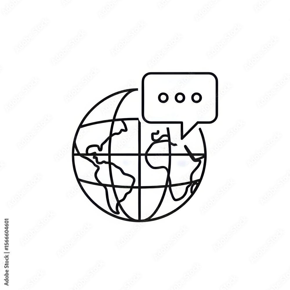 Aufkleber a line drawing of a globe with continents and a speech bubble above it with three dots inside it