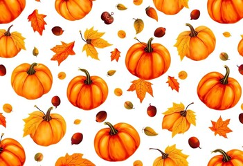 Charming autumnal seamless pattern featuring pumpkins, leaves, and acorns on white,  autumnal,  repeat