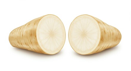 Sliced jicama root vegetable showing crisp white interior texture detail