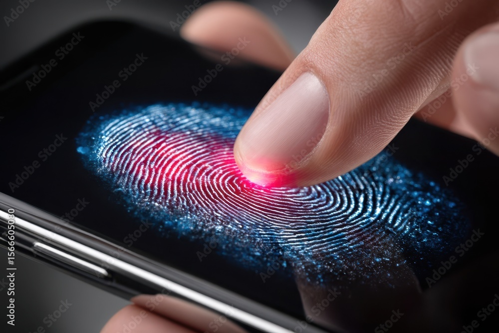 Poster finger touching smartphone screen for fingerprint recognition in a modern technology setting