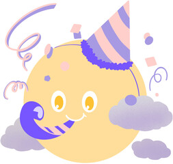 축하 파티 일러스트. 꼬깔 모자를 쓰고 파티용 나팔을 불고 있는 보람달 캐릭터와 구름, 컨페티 일러스트.