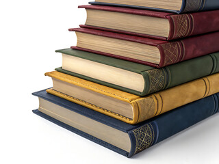 A stack of several hardcover books with different colored covers on a white background image view