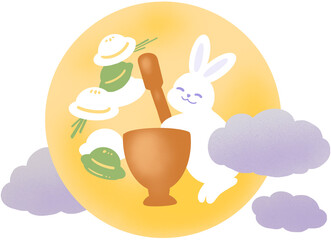 한국 명절 추석에 사용하기 좋은 일러스트. 보름달과 구름. 보름달에서 토끼가 송편을 만들고 있다. 