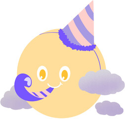 축하 파티 일러스트. 꼬깔 모자를 쓰고 파티용 나팔을 불고 있는 보람달 캐릭터와 구름 일러스트.