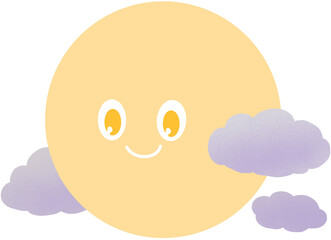 명절에 사용하기 좋은 일러스트. 미소 짓고 있는 보름달 캐릭터와 구름 일러스트.