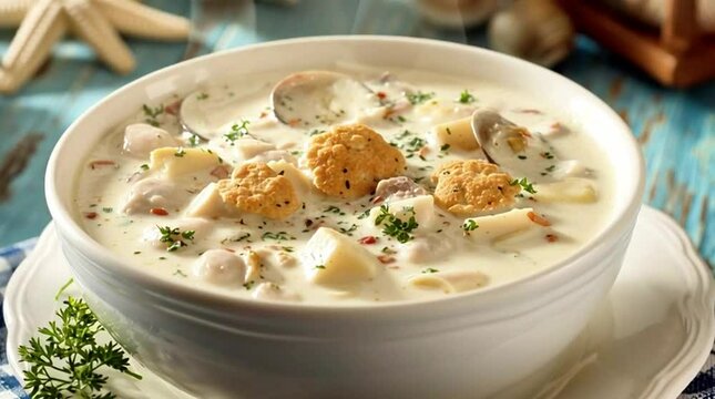 Creamy New England clam chowder in a white porcelain bowl, garnished with herbs and oyster crackers. Dolly in. 4K.

