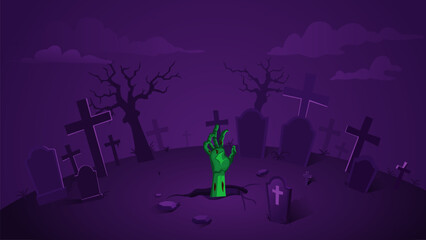 Halloween night decoration with tombstones and tree background, Zombie hand crawling out of the ground vector illustration.