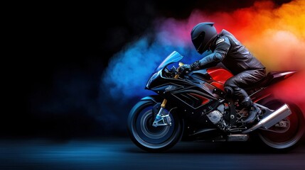 A motorcycle rider dressed in black leather gear executes a thrilling stunt at night. Vibrant colored smoke swirls in the background, adding to the excitement of the moment