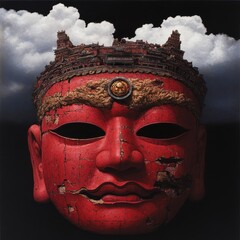 Ancient Red Mask with Historical Texture and Clouds