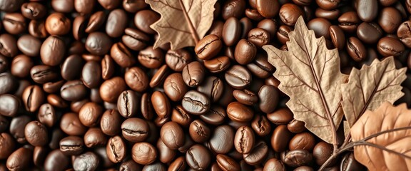 Close-up of roasted coffee beans artfully arranged and adorned with kraft paper accents,  grain,  kraft paper