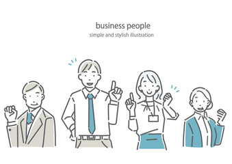 Simple and stylish line drawing illustrations of business people of various generations showing a positive image