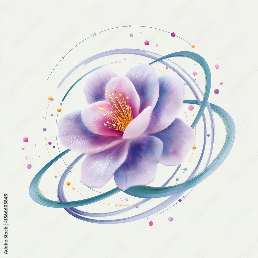 Poster swirling watercolor composition of data paths and floral elements abstract art digital environment c