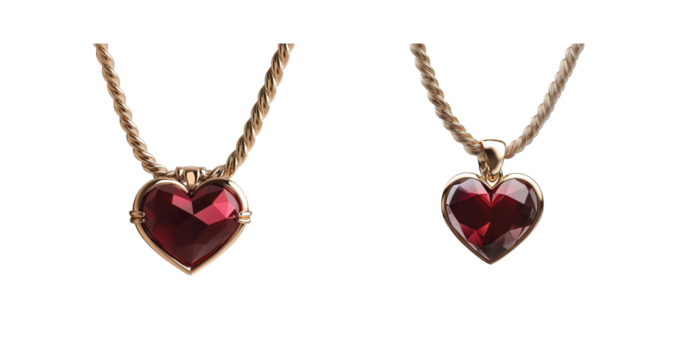 Gold chains with red heart pendants featuring faceted gemstones in classic design