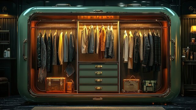 Stylish vintage wardrobe showcasing neatly arranged suits and accessories, embodying elegance and organization for fashion-forward living.