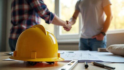 yellow safety helmet on workplace desk with construction worker team hands shaking greeting start up plan new project contract in office center at construction site, partnership and contractor concept