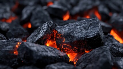 Warm, glowing coals illuminate the darkness, with fiery reds and oranges peeking through the blackened stone. This creates an inviting, cozy atmosphere perfect for gatherings or relaxation