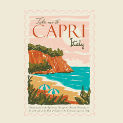 hand paint Capri Italy beach illustration graphics. summer capri beach vector illustration print. women's fashion design. t shirt design for capri beach in italy vibes. tropical vector art. © sumonsharif