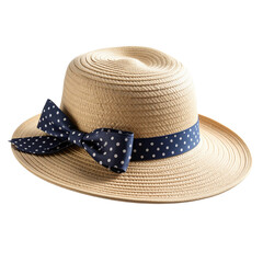  Chic Wide-Brimmed Straw Hat with Polka Dot Bow, angled side view, isolated PNG 