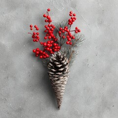 Pinecone with Red Berry and Evergreen Sprig