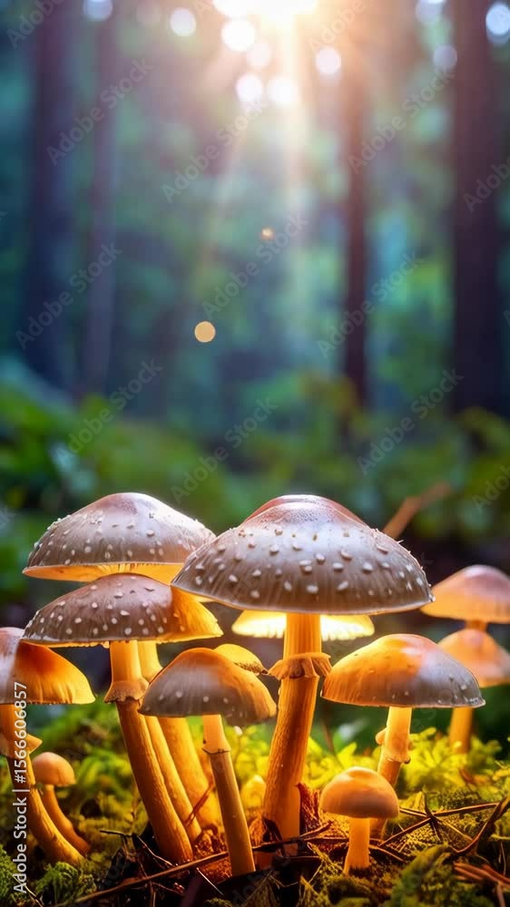 Poster enchanting mushroom cluster illuminated by sunlight in a mystical forest with a soft bokeh backgroun