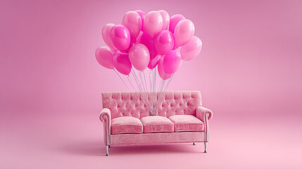 A whimsical pink velvet sofa floats gracefully with a large bunch of vibrant pink balloons against a monochromatic background.