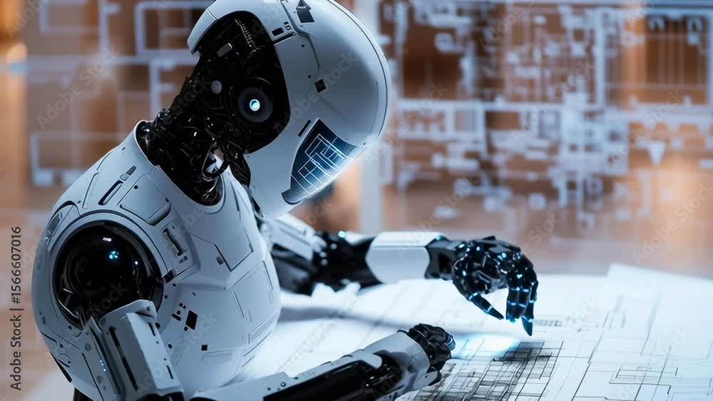 Poster a robot is sitting at a desk and pointing at a drawing. the robot is white and has a blue face. the 