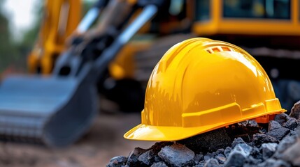 A bright yellow hard hat rests on gravel at a construction site. Heavy machinery looms in the background as daylight begins to break, highlighting the importance of safety in construction