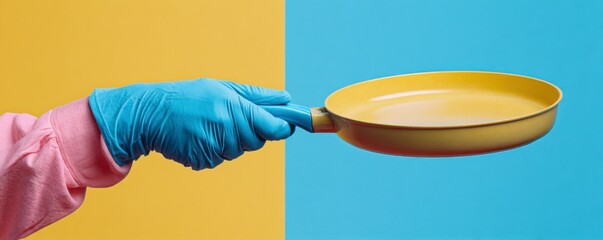 Yellow Pan Held by Gloved Hand on Split Background