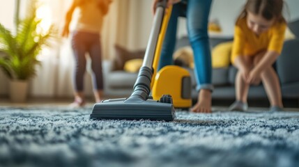 Fototapeta premium Mother and children vacuuming a carpet.