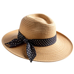  Chic Wide-Brimmed Straw Hat with Polka Dot Bow, angled side view, isolated PNG