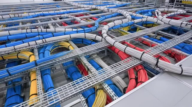 Colorful network cables arranged in a data center, showcasing organization and connectivity