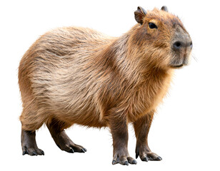 Fototapeta premium A large capybara stands attentively, showcasing its unique rodent features and calm demeanor.