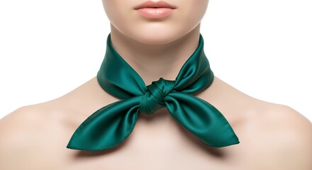Blank green silk scarf knotted on neck mockup, front close-up, isolated