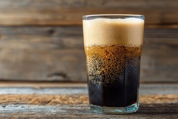 Pint of stout beer with creamy head on wood table