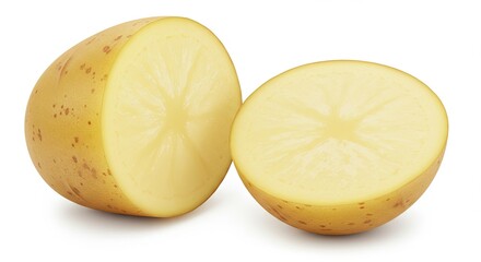 Sliced Yukon Gold Potato halves displaying texture and pale yellow flesh