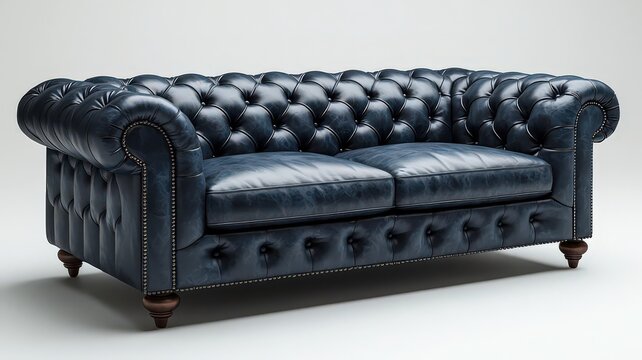Elegant navy blue leather Chesterfield sofa with tufted design, exuding luxury and comfort, perfect for upscale interior decor and stylish living spaces. - Powered by Adobe