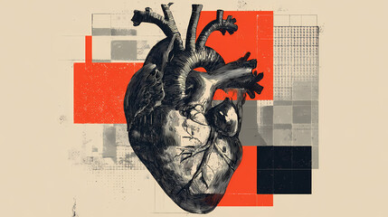 fractured iconography. | sharp edge masking | mid-century advertising | brutalist graphics | Human heart (generative ai content). silkscreen print