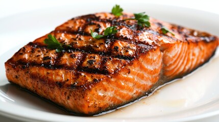 A piece of salmon is grilled and garnished with parsley