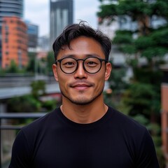 Young Man with Glasses Smiling in Urban Landscape Setting