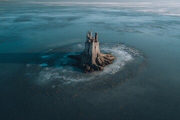 trunk in the middle of an iced sea, cold water, glaciar view