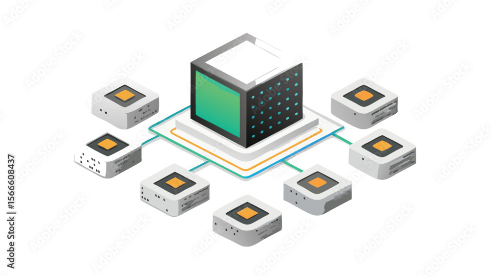 Poster isometric illustration of a central server connected to smaller peripheral devices network architect