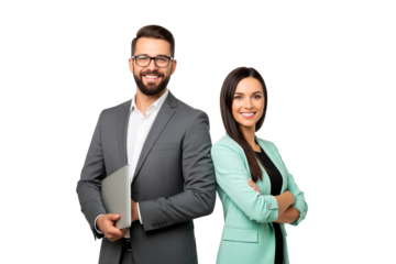 business man and women standing together on white